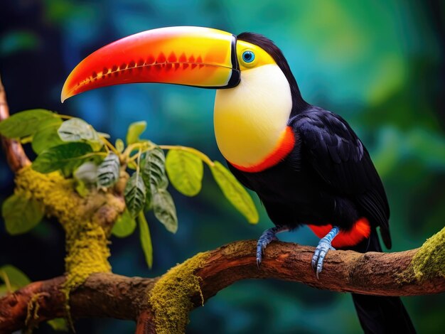 Toucan zit op een tak in het zomerwoud