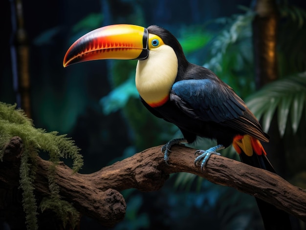 Toucan zit op een tak in het zomerwoud