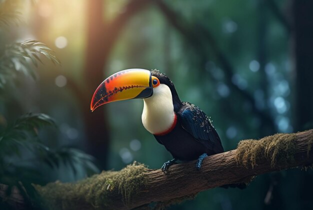 Toucan zittend op een tak in het bos met onscherpe achtergrond