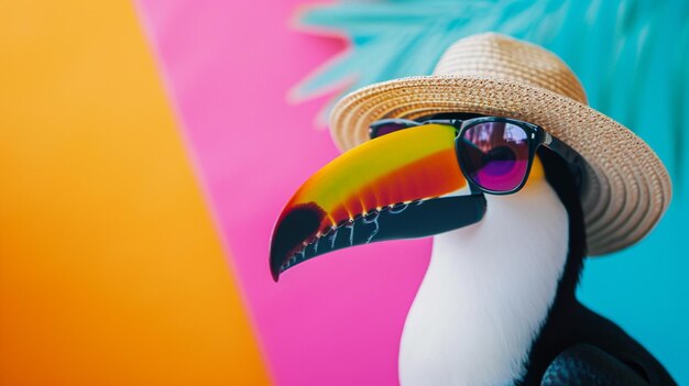 Toucan zonnebril en zomerhoed in de studio met een kleurrijke en heldere achtergrond AI Generative