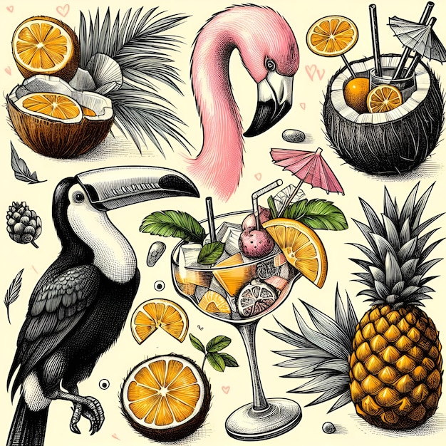 Toucans pineapples palm leaves Flamingo white background Tropical illustration Exotic plants