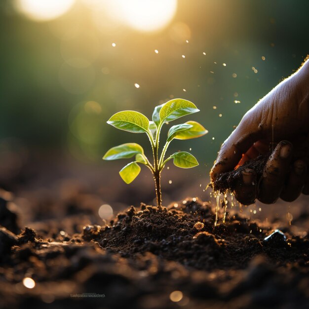 Touch of care Hand adds soil on green bokeh symbolizing planting or tribute For Social Media Post S