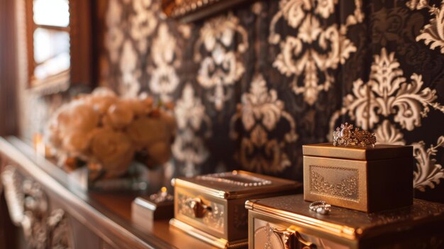 A touch of oldworld elegance with golden podiums shining against a backdrop of intricate damask