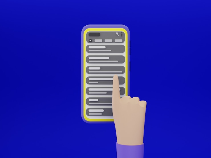 Photo touch the smartphone screen by hand with chatting application and blue background in 3d design