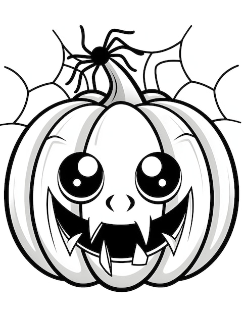 Touched tiny pumpkin with a spider on top and a spider web in the background Halloween black and white picture coloring book