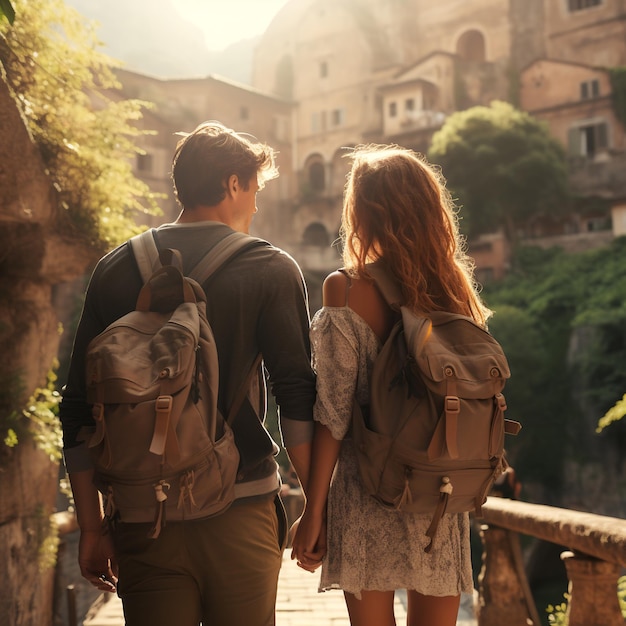 Foto backpackers toccanti ed eleganti che portano le loro borse viaggiano per le strade