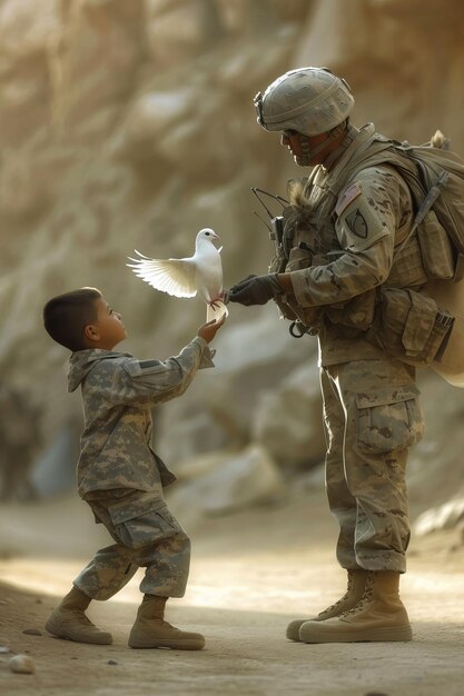 Photo in a touching gesture of peace a child extends a white dove to a soldier as a symbol of