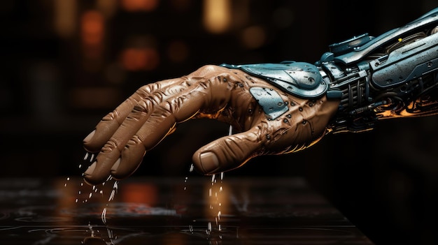 Touching human hands and artificial intelligence Person and artificial intelligence AI generated