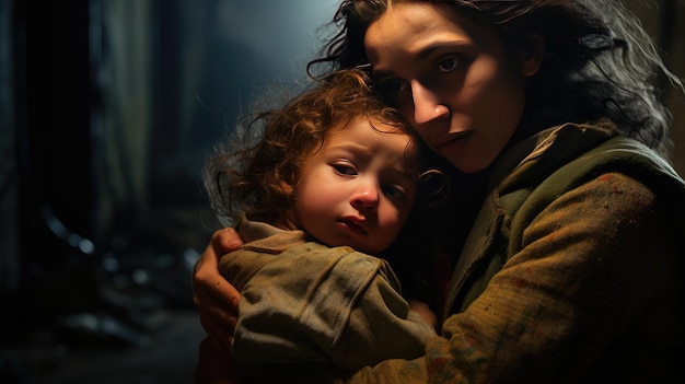 Touching image A mother cradles her crying baby in an air raid shelter a powerful testament to a mother's unwavering love and wartime resilience