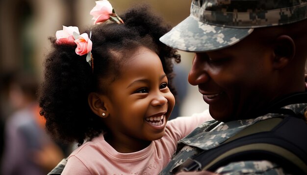 Touching military reunion between soldier father and beloved daughter filled with affection and joy