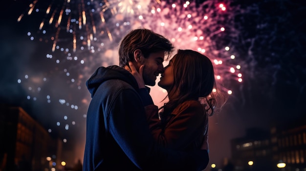 a touching moment of a couple sharing a New Year's kiss as fireworks burst overhead