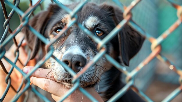 写真 悲しい犬を抱きしめる 犬がカメラを見つめる 避難所の動物を助けるコンセプト