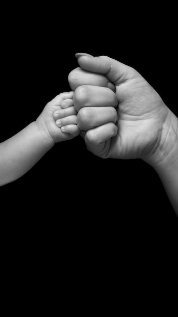 写真 黒と白の色で母と子の2つの拳を触る