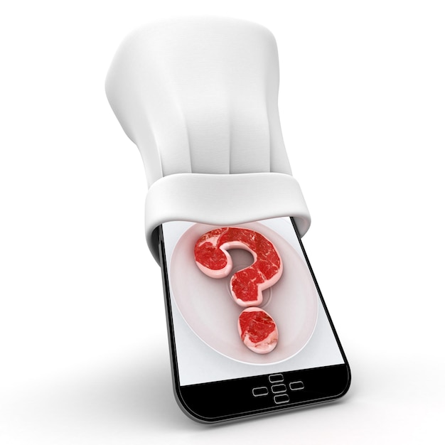 Touchscreen device wearing a chef toque with the picture of a meat question mark on a dish