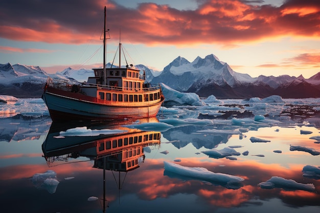 Tour boat sailing next to the marine glacier between icebergs generative IA