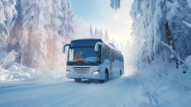 Экскурсионный автобус в зимнюю снежную бурю едет в лесу