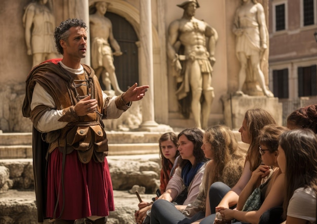 Foto una guida turistica che spiega ai turisti la storia dell'antica roma