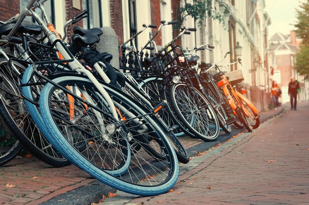 Touring bicycles are parked on the road Road bikes close up lifestyle