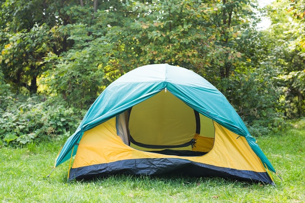 Tourism and adventures concept - nature landscape yellow camping tent with tree on green grass