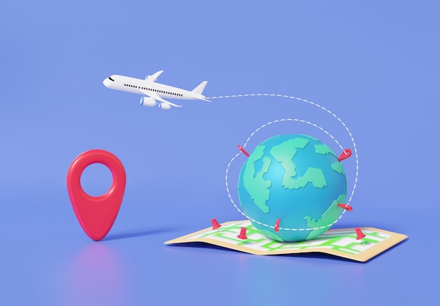 Tourism airplane trip planning worldwide tour with mark map pin earth location on purple background travel leisure touring holiday summer concept Cartoon minimal 3d rendering illustration