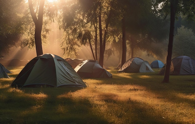 Tourism concept Dawn in a foggy forest with a lonely tent Man lives in the forest