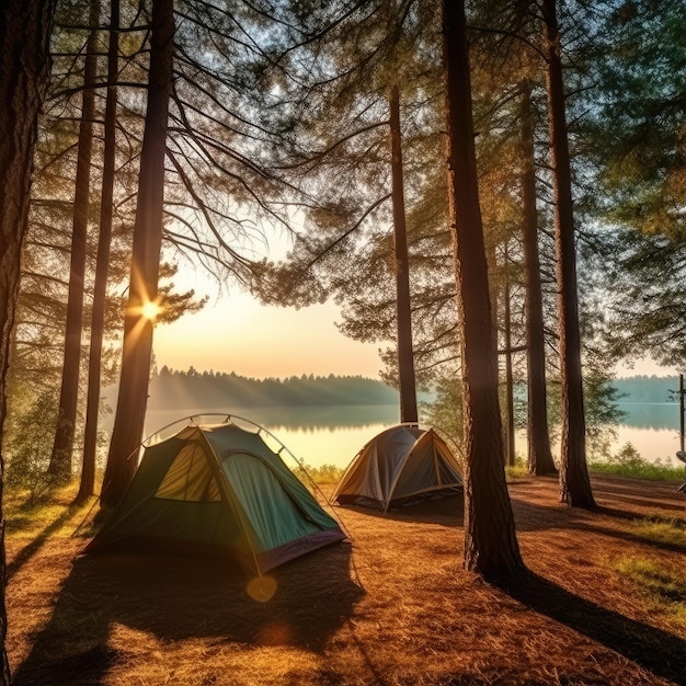 Туристическая концепция Санрайз лес с одинокой палаткой возле озера Кемпинг Generative ai