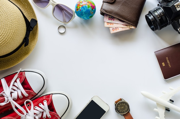 Tourism planning and costume for the trip on white background