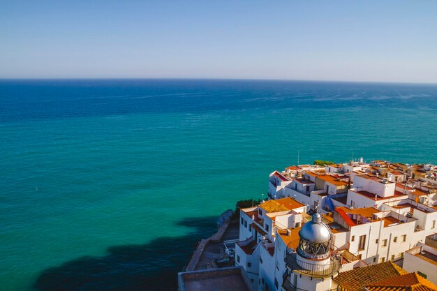 Tourism, spanish landscape with deep blue sea andmediterranean  architecture