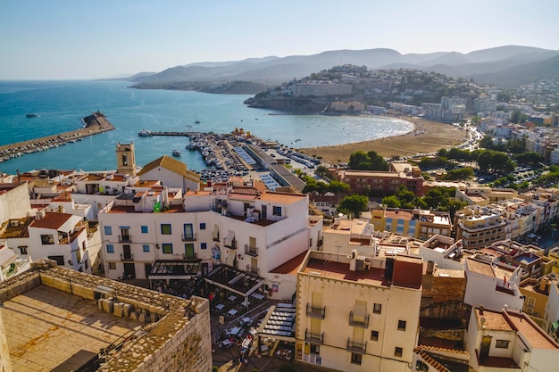 Tourism, spanish landscape with deep blue sea andmediterranean  architecture