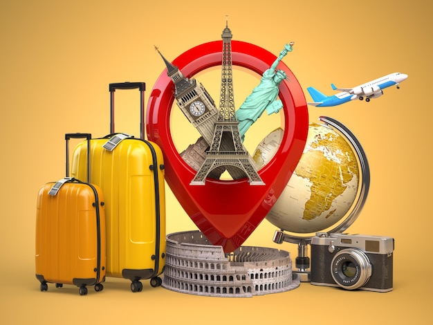 Tourism and travel concept Pin pointer with famous tourist attractions camera suitcases and airplane Eiffel tower big ben statue of liberty and coliseum
