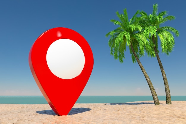 Tourism and Travel Concept. Red Target Pin Pointer on Tropical Paradise Beach with White Sand and Coconut Palm Trees on a Blue Sky Background. 3d Rendering