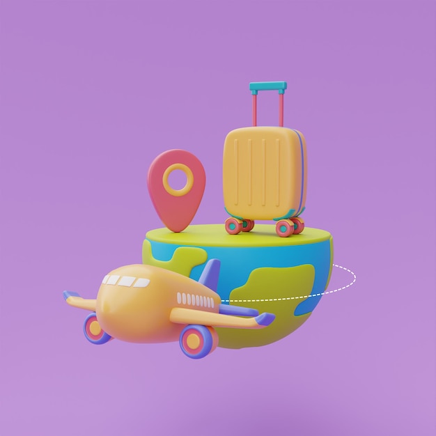 Концепция туризма и путешествий с чемоданом и самолетом на глобусе Время путешествовать 3d рендеринг