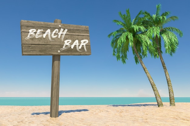 Tourism and Travel Concept. Wooden Direction Signbard with Beach Bar Sign in Tropical Paradise Beach with White Sand and Coconut Palm Trees on a Blue Sky Background. 3d Rendering