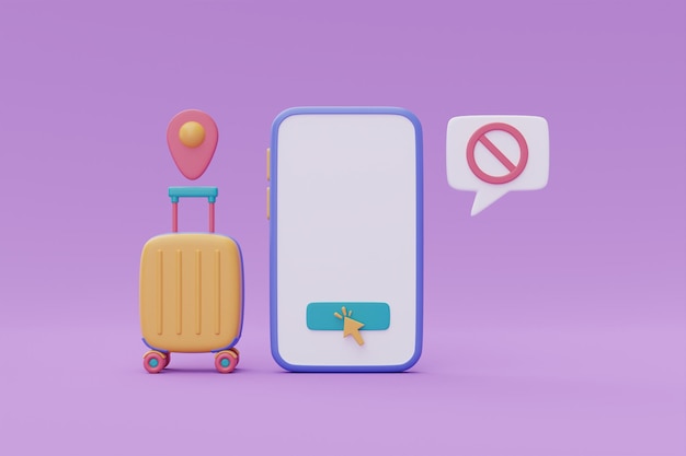 Smartphone per turismo e viaggio con valigia gialla prenotazione biglietti aerei online rendering 3d