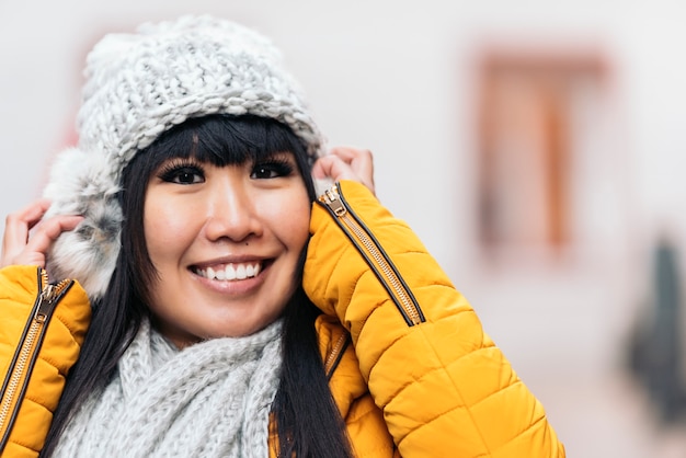 Tourist asian woman in european street. Tourism Concept.