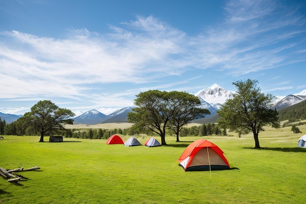 Tourist camp in the mountains tent in the foreground generative AI