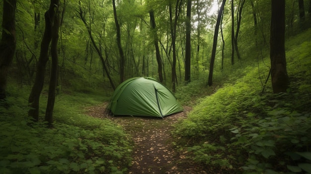 Tourist camp tent in the summer green forest active leisure vacation AI generated