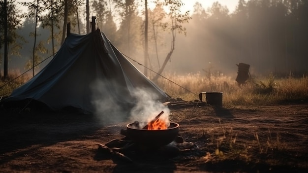 AI가 생성한 여름 녹색 숲 야외 활동에서 모닥불이 있는 관광 캠프 텐트