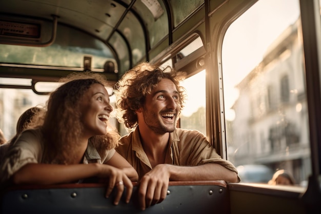 Tourist couple boards bus for city adventure