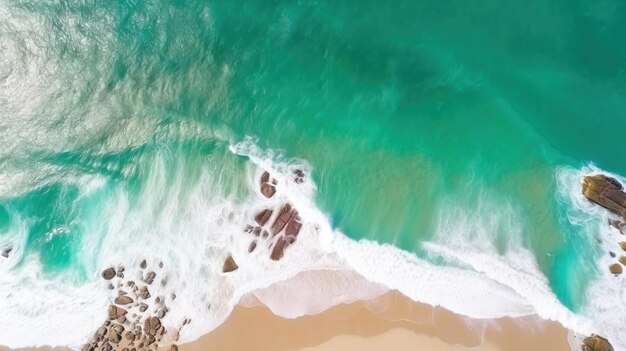 Туристический экзотический пляж с высоты романтический пейзаж Морские волны омывают берег Бирюзовая пенистая вода на