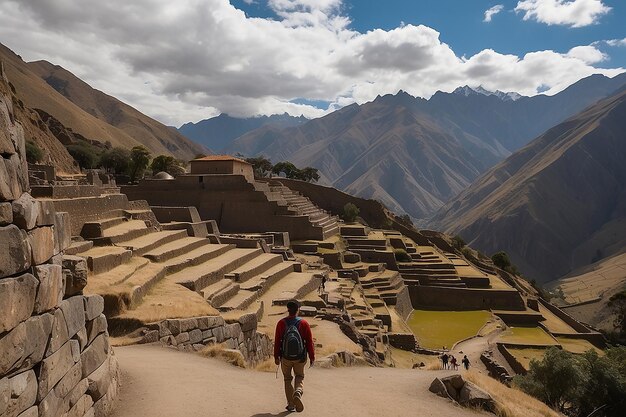 Tourist exploring the inca trails and the archaeological site at ollantaytambo sacred valley travel destination