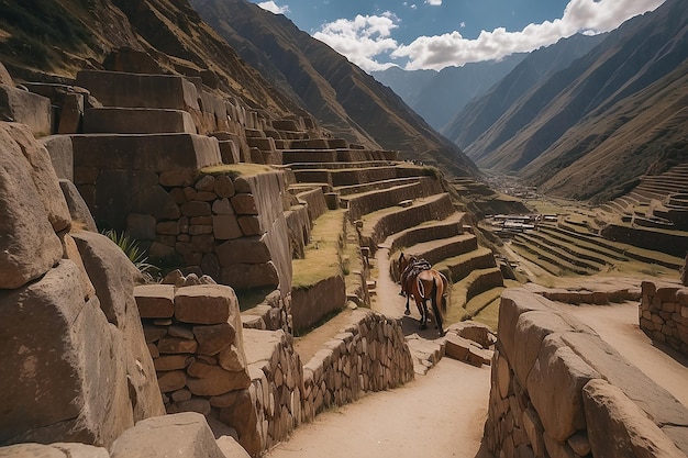 Photo tourist exploring the inca trails and the archaeological site at ollantaytambo sacred valley travel destination