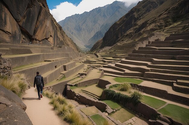 Tourist exploring the inca trails and the archaeological site at ollantaytambo sacred valley travel destination