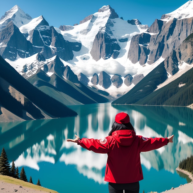 写真 山の湖の岸に赤いジャケットを着た観光客