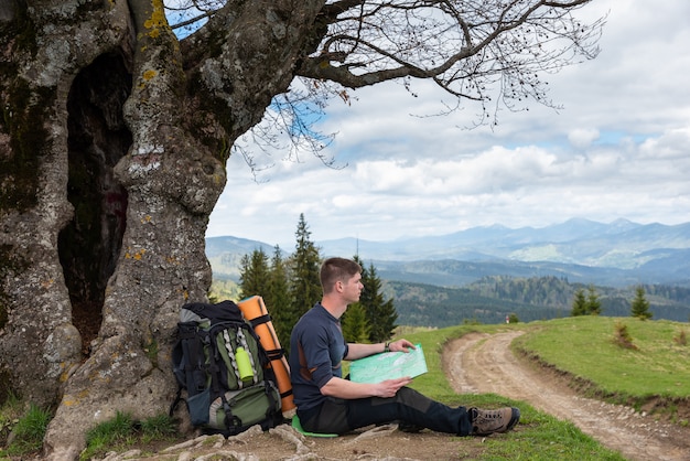 Il turista sta leggendo una mappa sotto l'albero vicino alla strada