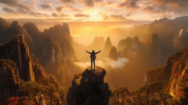 Photo tourist is standing with both hands raised after successfully on top of a mountainzhangjiajie