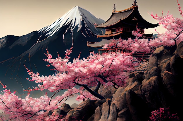 Турист в храме Киёмидзудера во время цветения сакуры расцветает Generative Ai