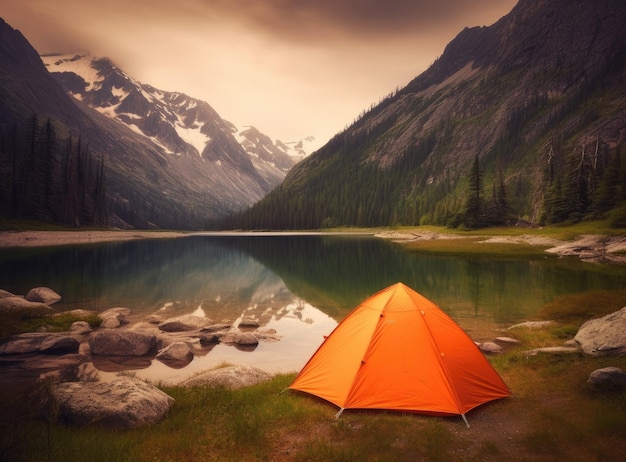 Tourist lit tent by the lake at sunset Dramatic sky Orange lit inside the tent and a fire over the misty river at sunset Dramatic sunset Summer landscape The concept of privacy travel and freedom