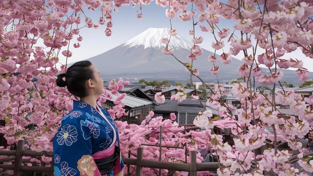 日本の春のフジノミヤでフジ山と桜の花を見ている観光客