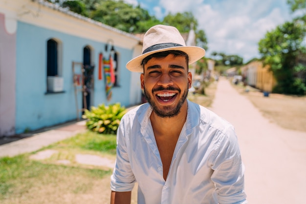 Tourist making selfie in the historic center of Porto Seguro